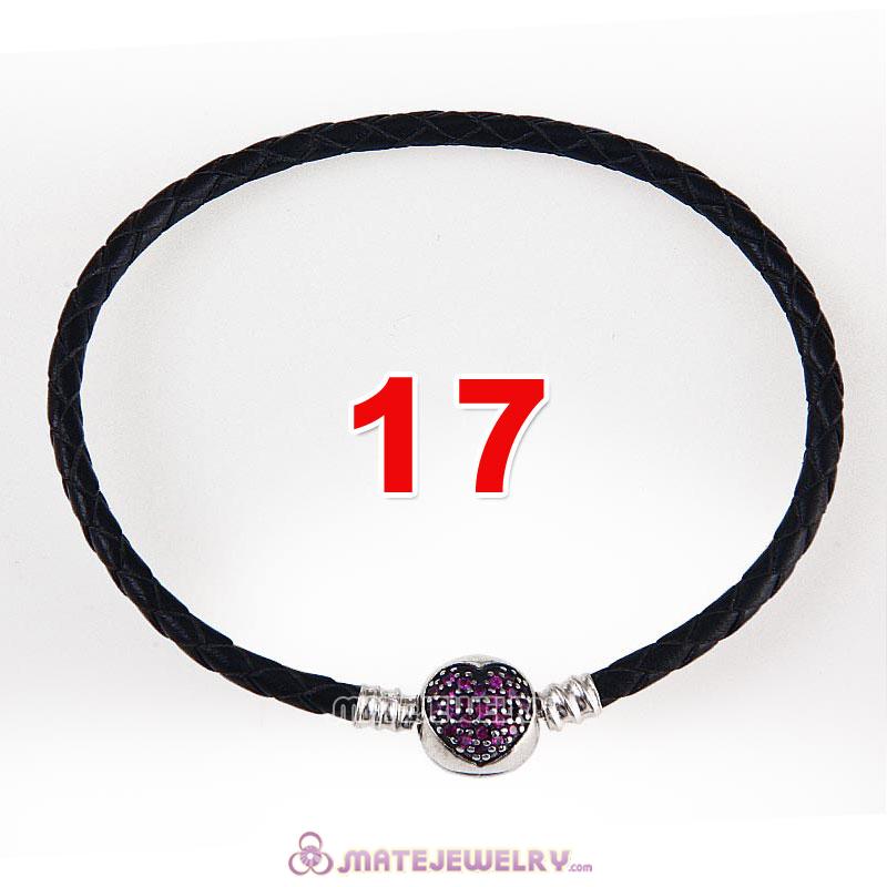 17cm Black Braided Leather Bracelet 925 Silver Love of My Life Round Clip with Heart Red CZ Stone