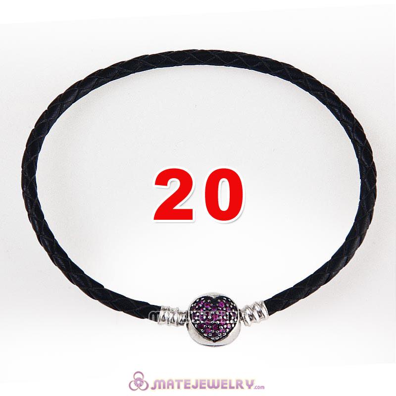 20cm Black Braided Leather Bracelet 925 Silver Love of My Life Round Clip with Heart Red CZ Stone