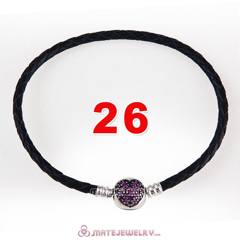 26cm Black Braided Leather Bracelet 925 Silver Love of My Life Round Clip with Heart Red CZ Stone