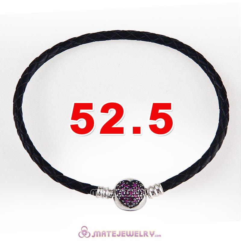 52.5cm Black Braided Leather Triple Bracelet Silver Love of My Life Clip with Heart Red CZ Stone