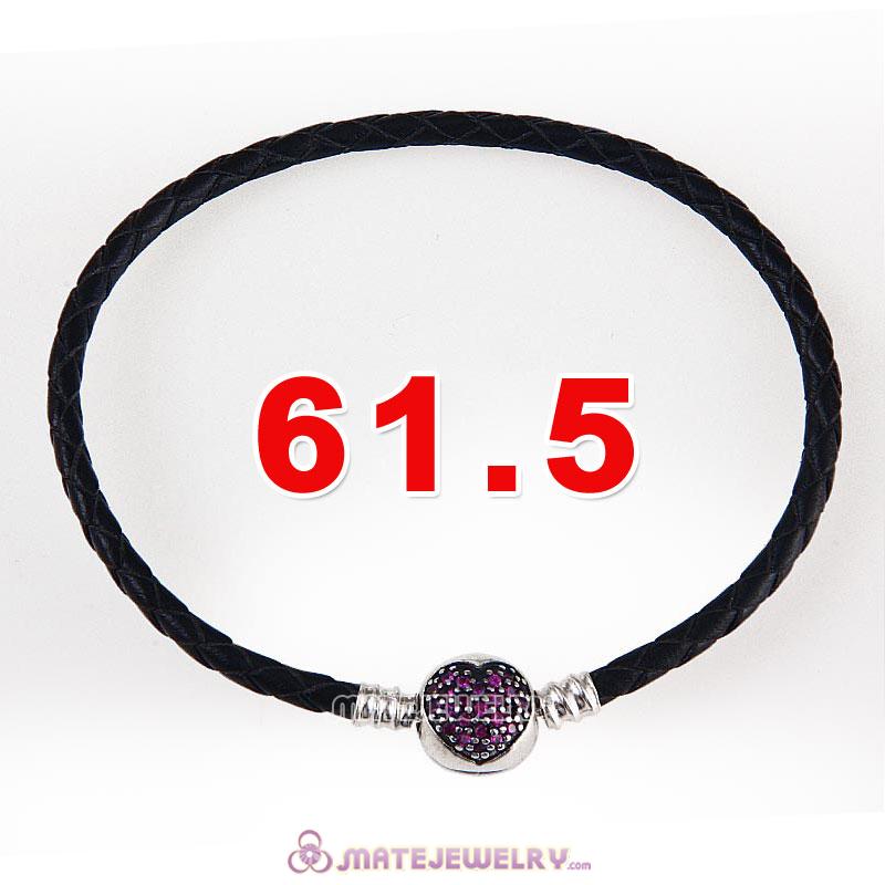 61.5cm Black Braided Leather Triple Bracelet Silver Love of My Life Clip with Heart Red CZ Stone