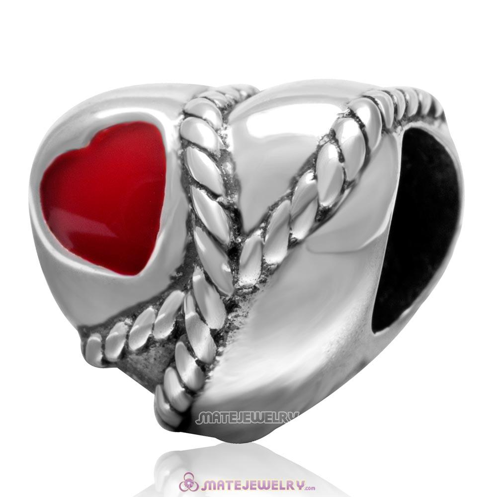 Antique 925 Sterling Silver Red Heart Shaped Rope Bead 