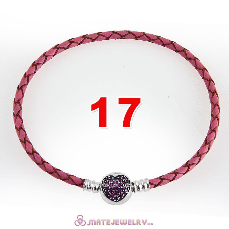 17cm Pink Braided Leather Bracelet 925 Silver Love of My Life Round Clip with Heart Red CZ Stone