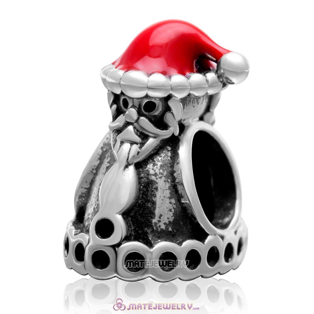 Santa Claus with Christmas Hat 925 Sterling Silver Charm Bead with Red Enamel