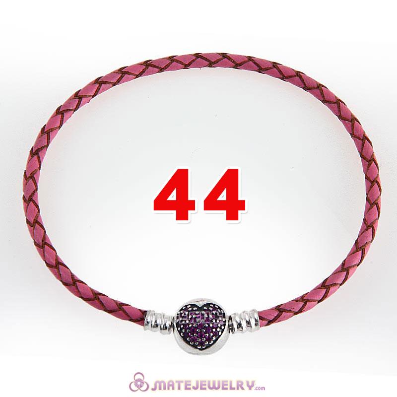 44cm Pink Braided Leather Double Bracelet 925 Silver Love of My Life Clip with Heart Red CZ Stone