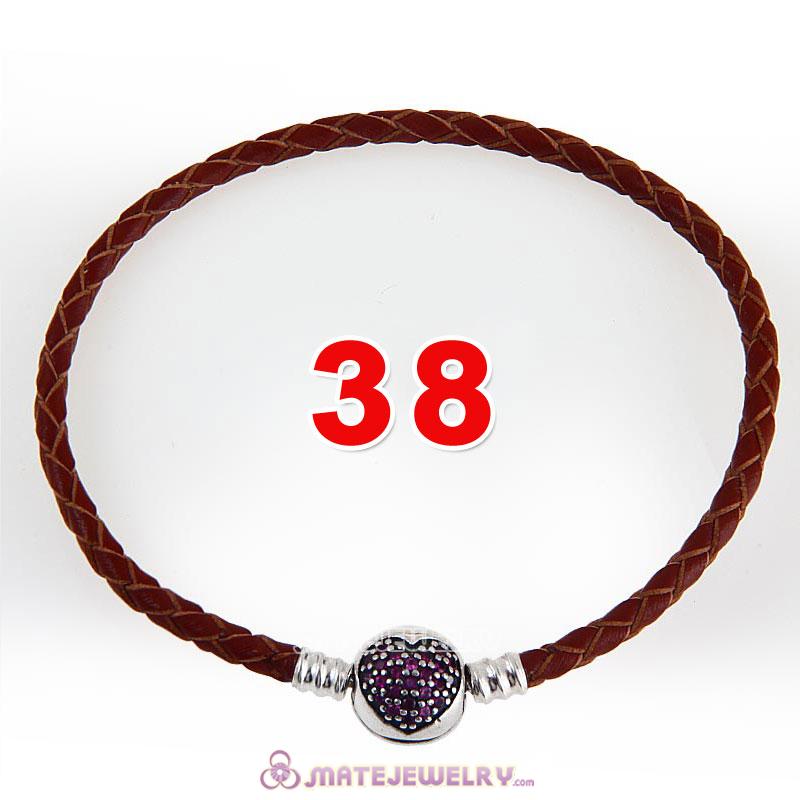 38cm Brown Braided Leather Double Bracelet 925 Silver Love of My Life Clip with Heart Red CZ Stone