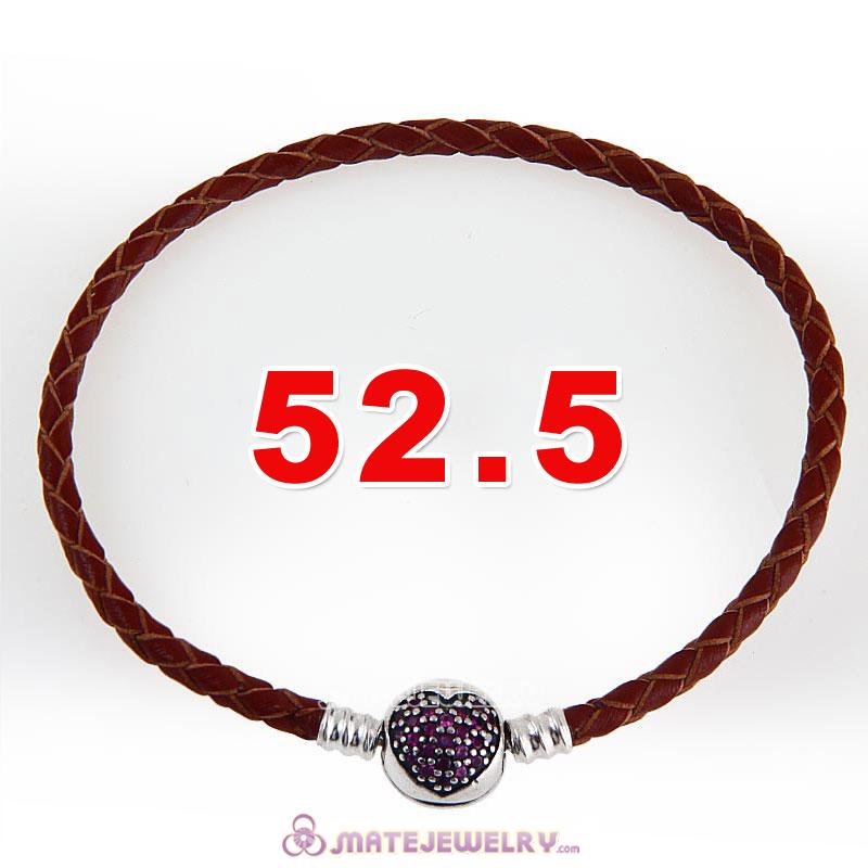 52.5cm Brown Braided Leather Triple Bracelet Silver Love of My Life Clip with Heart Red CZ Stone