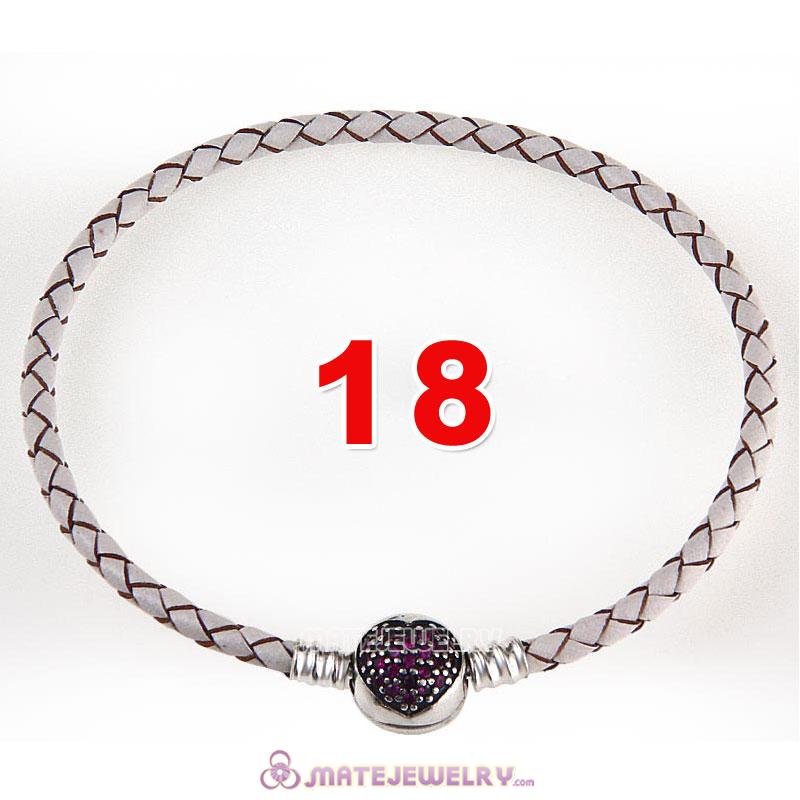 18cm White Braided Leather Bracelet 925 Silver Love of My Life Round Clip with Heart Red CZ Stone