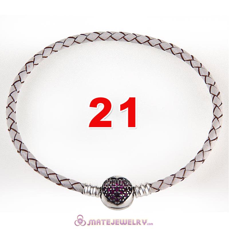 21cm White Braided Leather Bracelet 925 Silver Love of My Life Round Clip with Heart Red CZ Stone