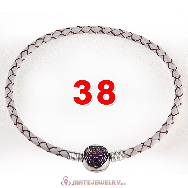 38cm White Braided Leather Double Bracelet 925 Silver Love of My Life Clip with Heart Red CZ Stone