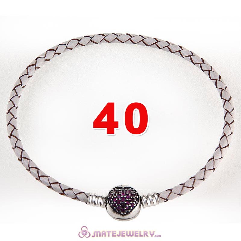 40cm White Braided Leather Double Bracelet 925 Silver Love of My Life Clip with Heart Red CZ Stone