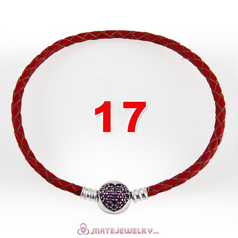 17cm Red Braided Leather Bracelet 925 Silver Love of My Life Round Clip with Heart Red CZ Stone