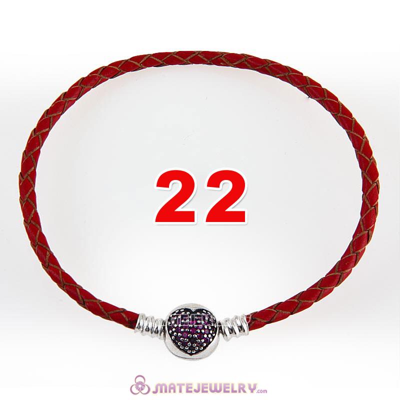 22cm Red Braided Leather Bracelet 925 Silver Love of My Life Round Clip with Heart Red CZ Stone