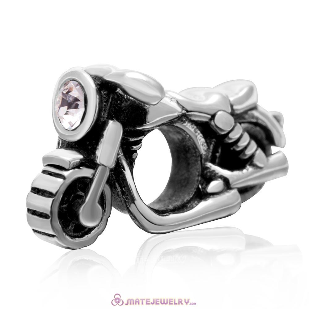 Motorcycle Charm 925 Sterling Silver with Clear Austrian Crystals Charm 