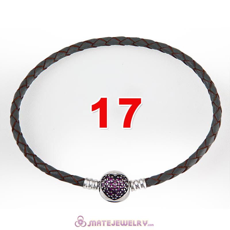 17cm Gray Braided Leather Bracelet 925 Silver Love of My Life Round Clip with Heart Red CZ Stone
