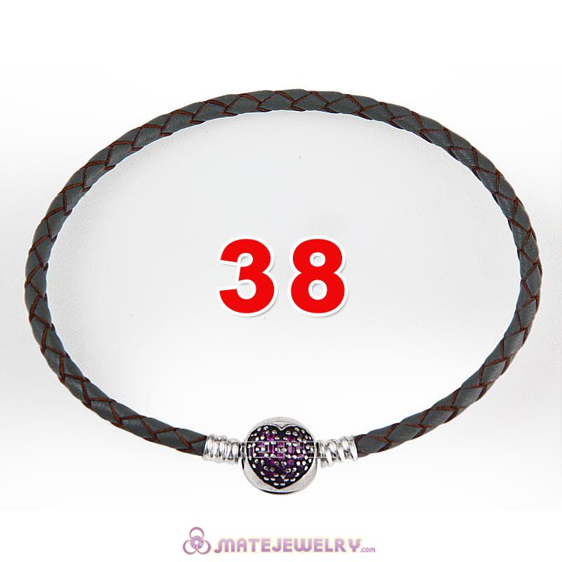 38cm Gray Braided Leather Double Bracelet 925 Silver Love of My Life Clip with Heart Red CZ Stone