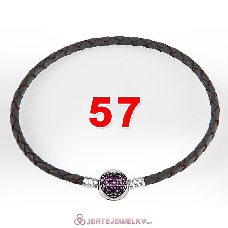 57cm Gray Braided Leather Triple Bracelet Silver Love of My Life Clip with Heart Red CZ Stone