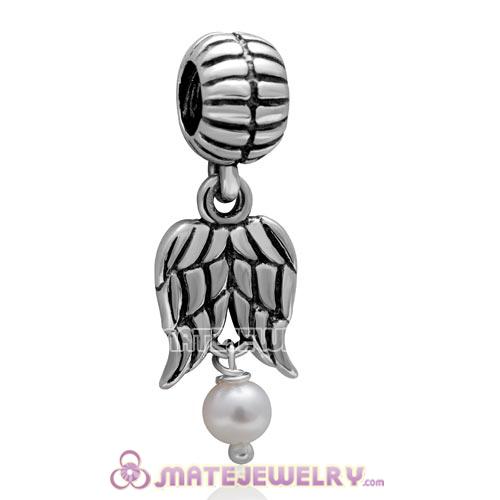 European Sterling Silver Guardian Angel Wings Dangle Charms with White Pearl 