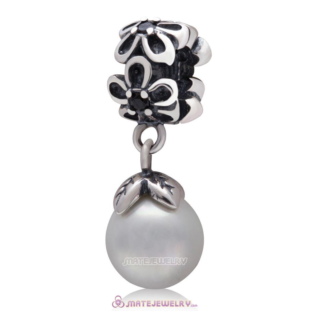Flower Spacer Charm with White Pearl Dangle 925 Sterling Silver Charm 