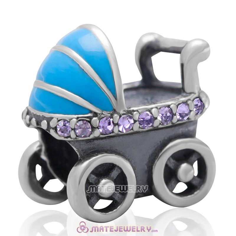 Baby Carriage Charm 925 Sterling Silver Bead with Tanzanite Australian Crystal