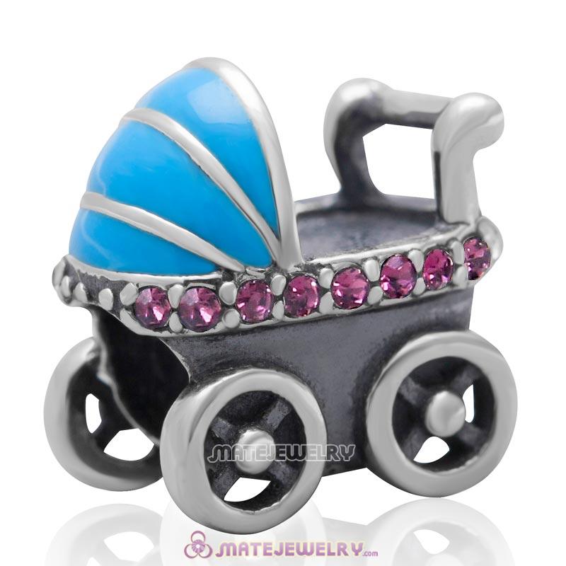 Baby Carriage Charm 925 Sterling Silver Bead with Amethyst Australian Crystal