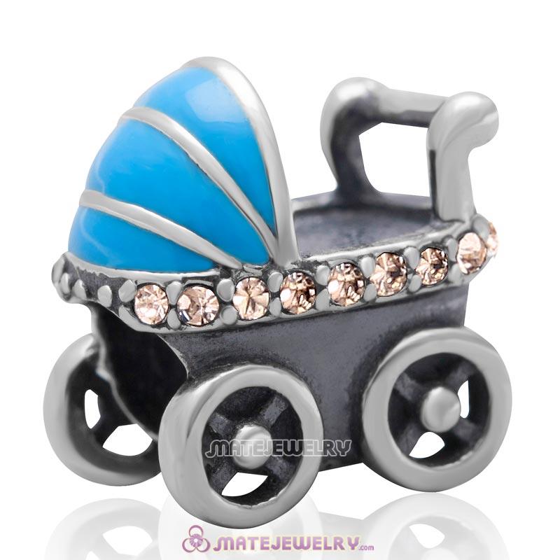 Baby Carriage Charm 925 Sterling Silver Bead with Lt Peach Australian Crystal