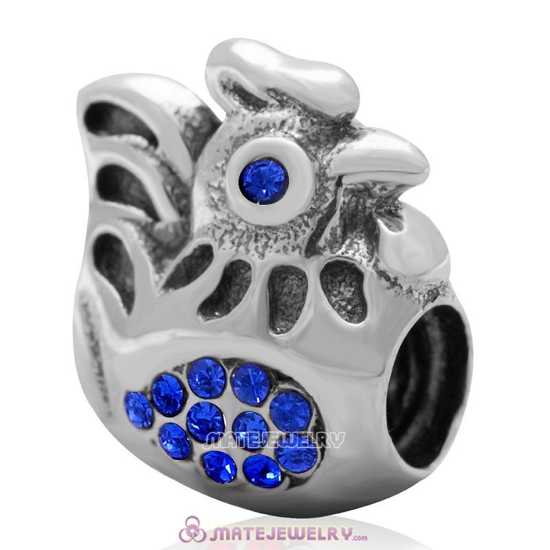 Cute Rooster Charm 925 Sterling Silver Bead with Sapphire Australian Crystal