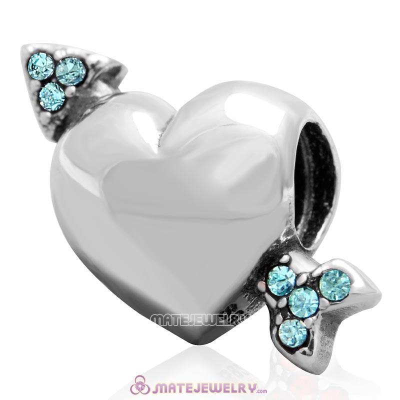 Heart Arrow of Cupid Love 925 Sterling Silver Bead with Aquamarine Australian Crystal