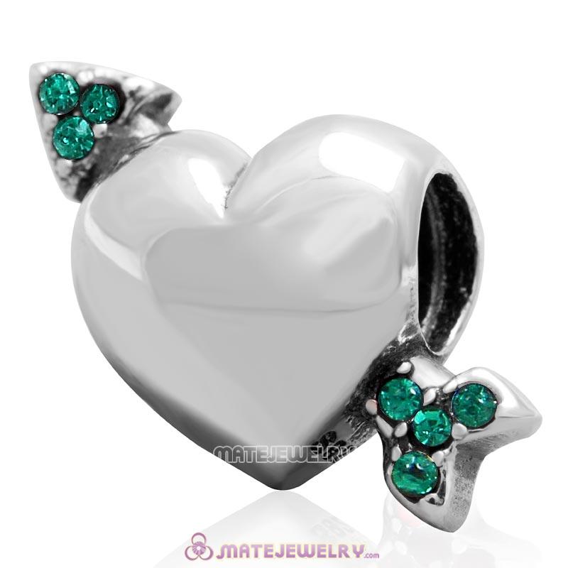 Heart Arrow of Cupid Love 925 Sterling Silver Bead with Emerald Australian Crystal
