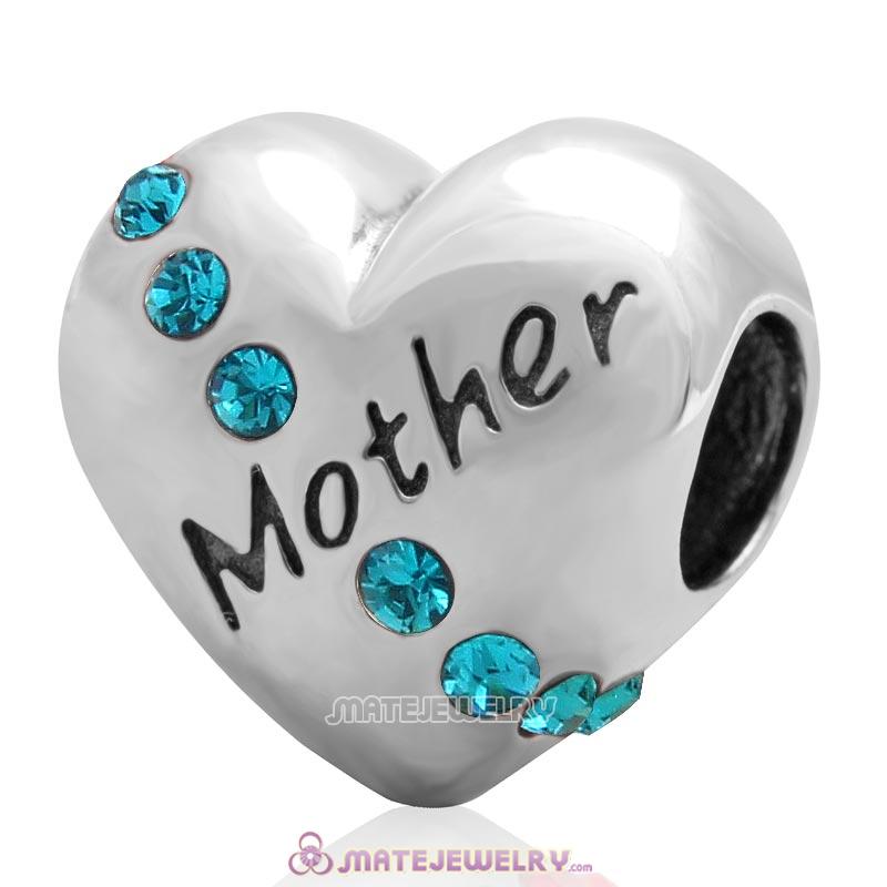 Blue Zircon Crystal Mother Heart Love Bead 925 Sterling Silver 
