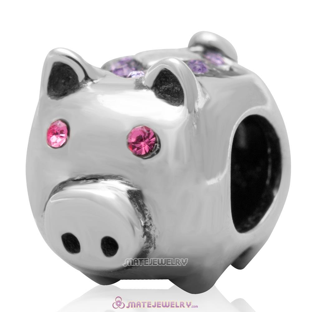 Cute Pig Bead 925 Sterling Silver with Tanzanite Love Crystal Charm 