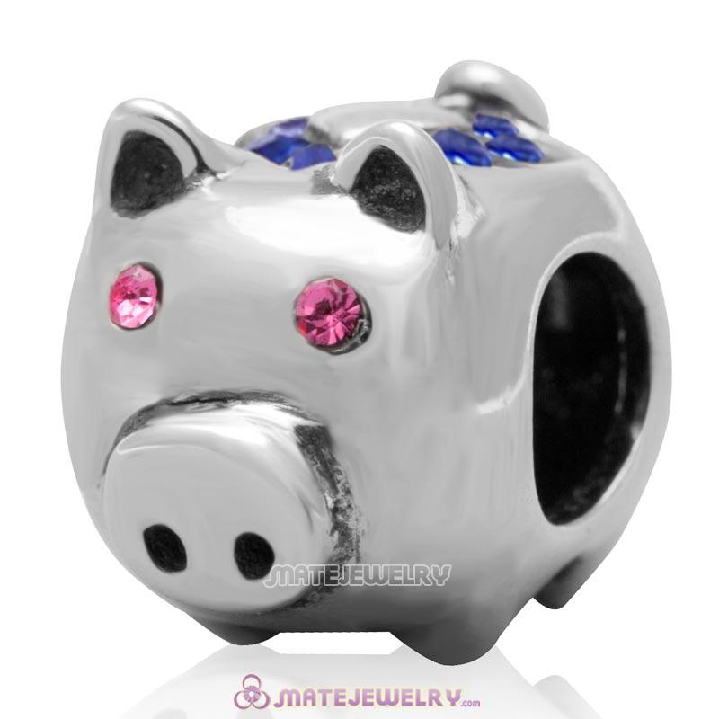 Cute Pig Bead 925 Sterling Silver with Sapphire Love Crystal Charm 