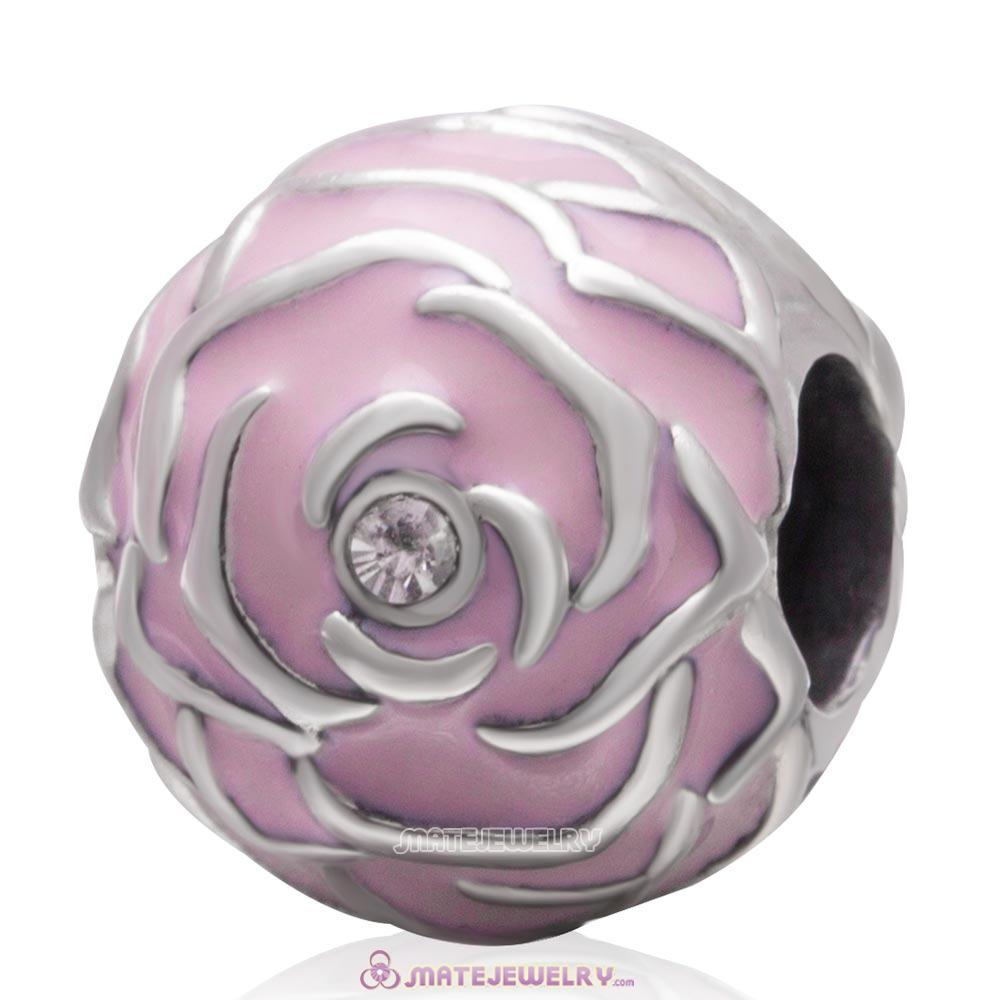 Pink Rose Garden 925 Sterling Silver with Clear Crystal Charm Bead