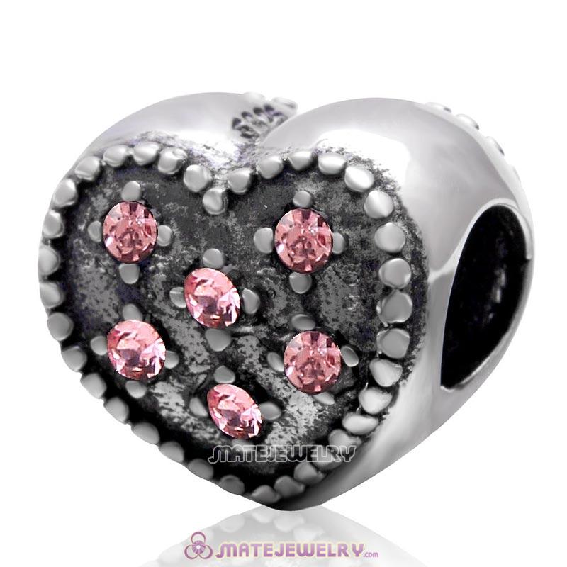 925 Sterling Silver Charm Sparkly Lt Rose Crystal Heart Bead 