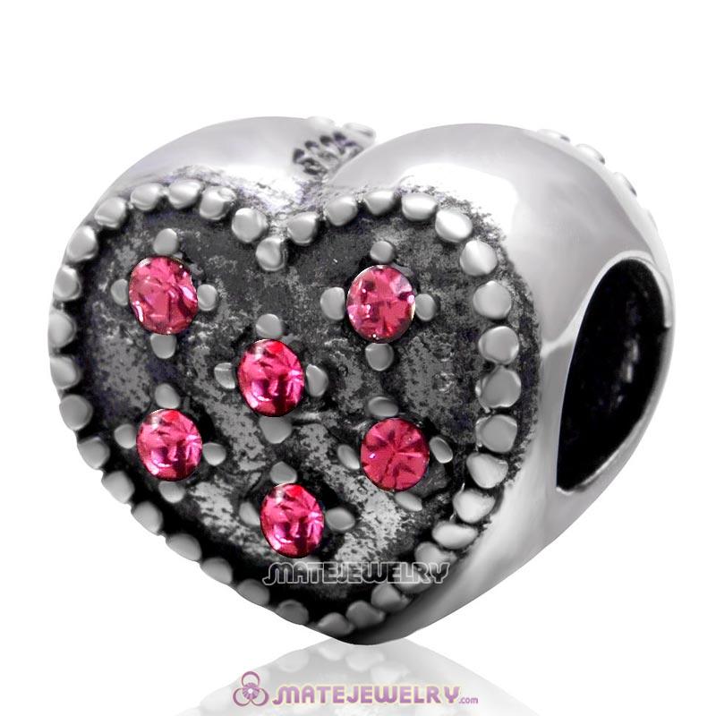 925 Sterling Silver Charm Sparkly Rose Crystal Heart Bead 