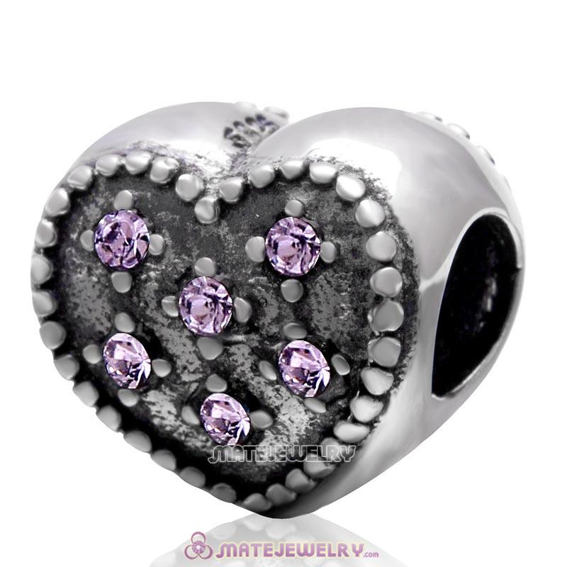 925 Sterling Silver Charm Sparkly Violet Crystal Heart Bead 
