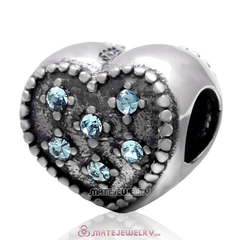 925 Sterling Silver Charm Sparkly Aquamarine Crystal Heart Bead 