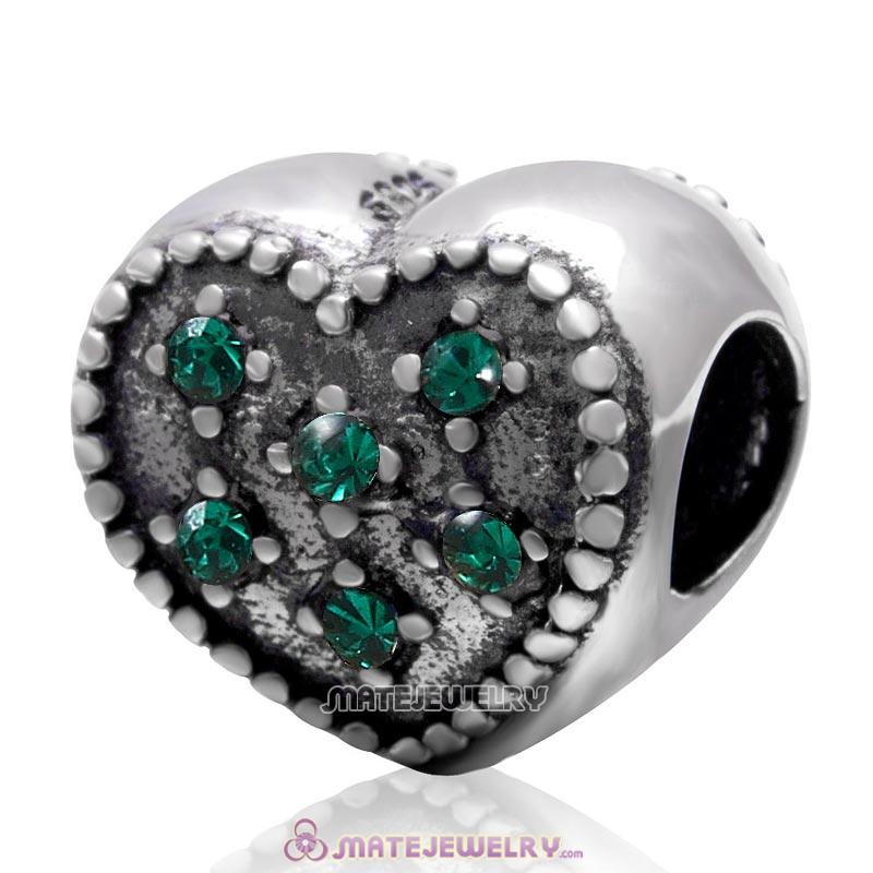 925 Sterling Silver Charm Sparkly Emerald Crystal Heart Bead 