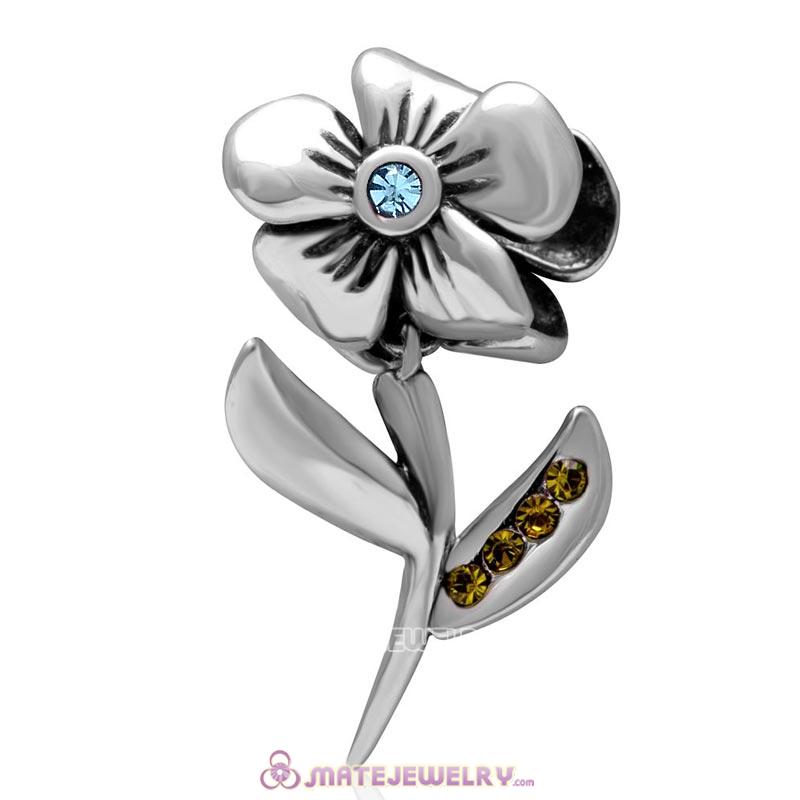 925 Sterling Silver Hibiscus Flower Aquamarine Crystal Charms