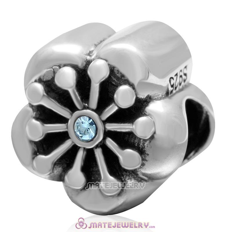 Cherry Flower 925 Sterling Silver with Aquamarine Crystal Charm Bead