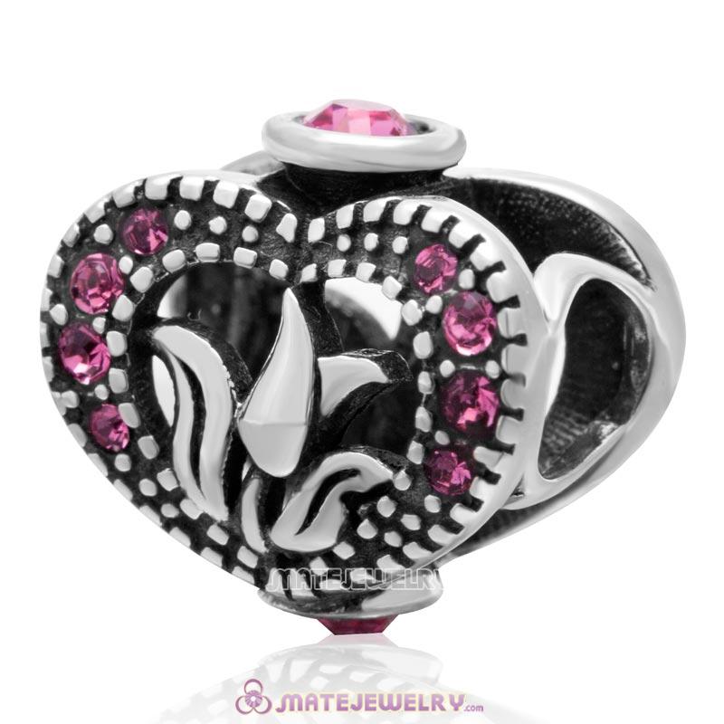 Love Tulip Heart with Rose Crystal 925 Sterling Silver Charm Bead