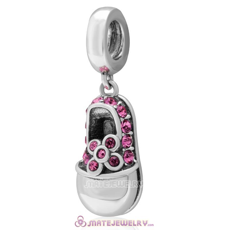 Baby Shoe Dangle 925 Sterling Silver Charm with Rose Crystal