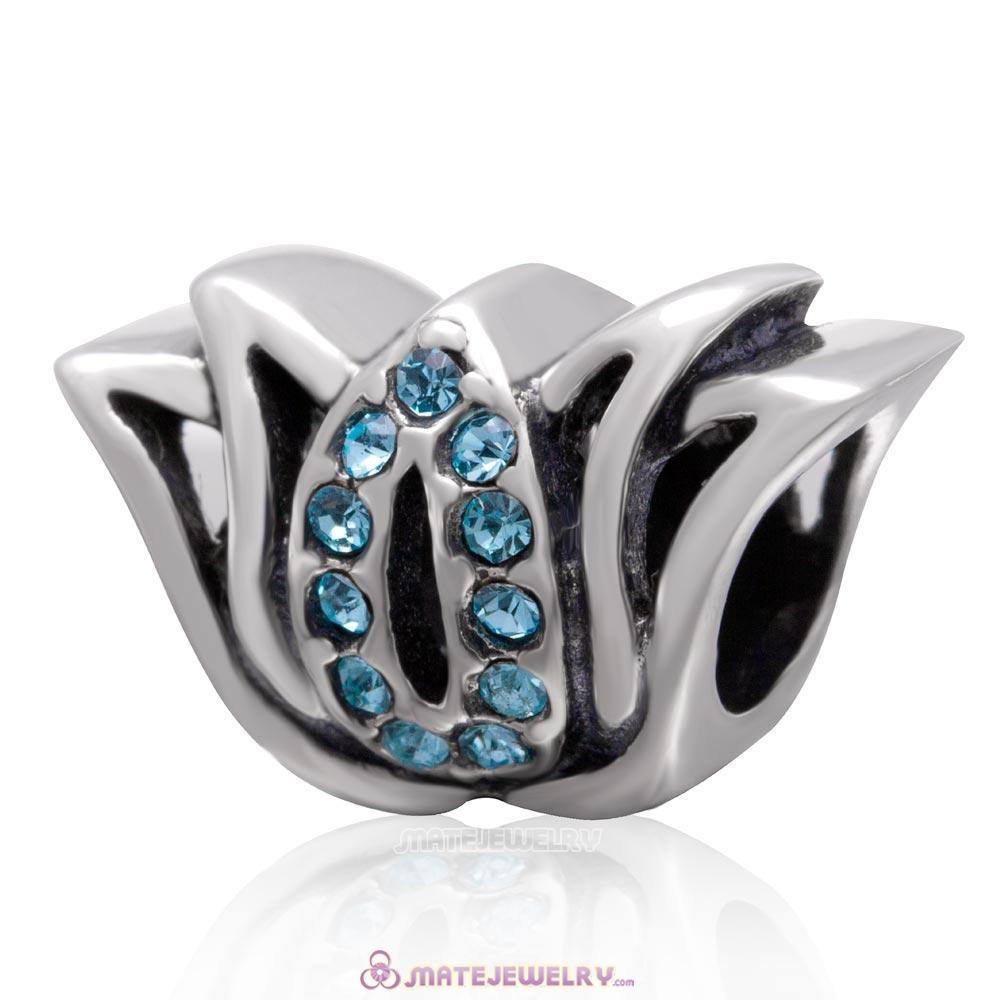 925 Sterling Silver Tulip Flower Bead with Aquamarine Crystal Charm