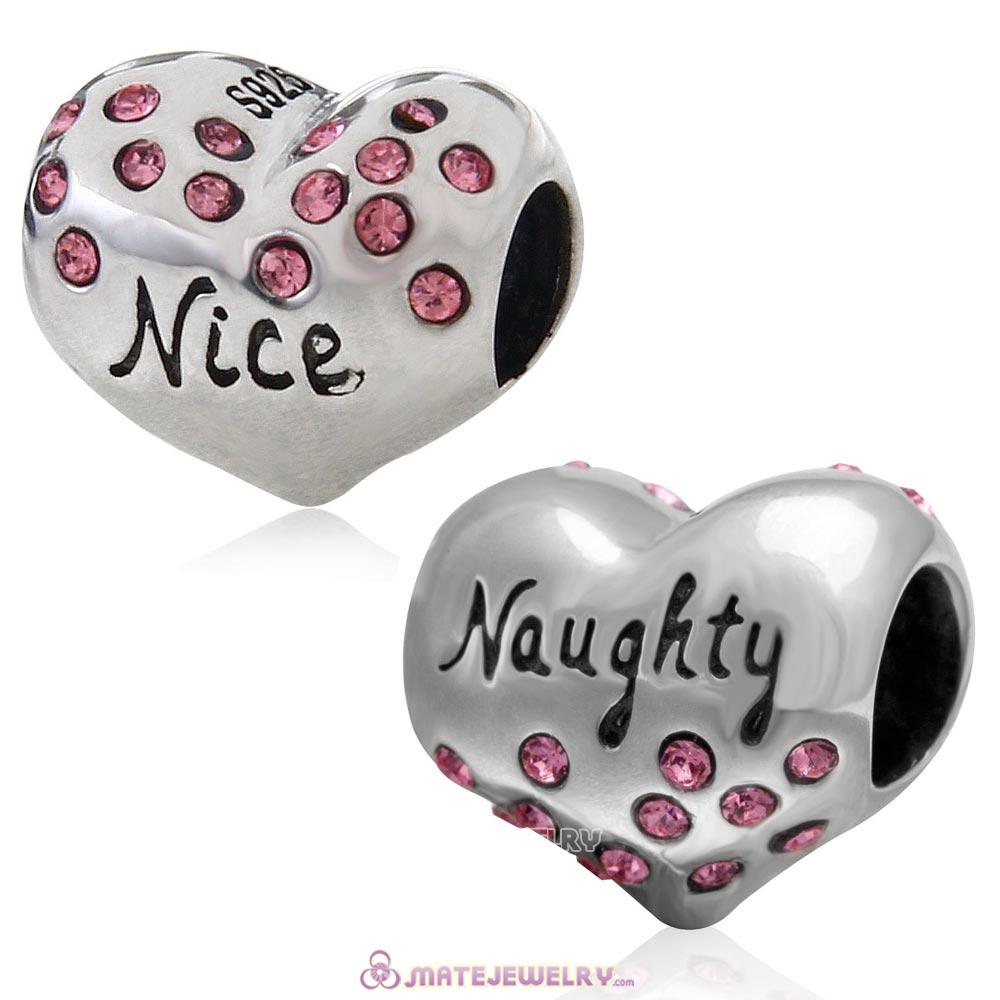 Nice or Naughty Heart 925 Sterling Silver with Lt Rose Crystal Charm