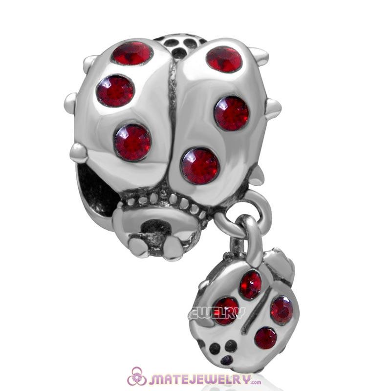 Ladybug with Dangling Smaller Ladybug Siam Crystal 925 Sterling Silver Charm