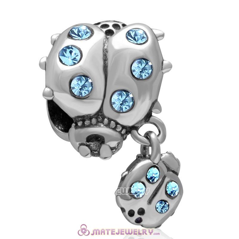 Ladybug with Dangling Smaller Ladybug Aquamarine Crystal 925 Sterling Silver Charm