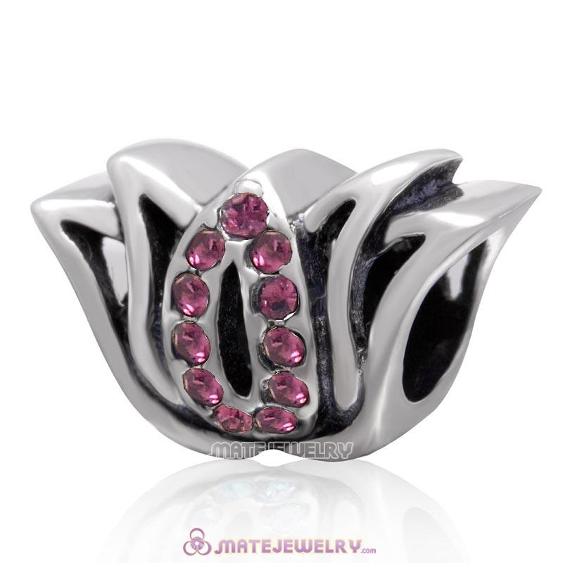 925 Sterling Silver Tulip Flower Bead with Amethyst Crystal Charm