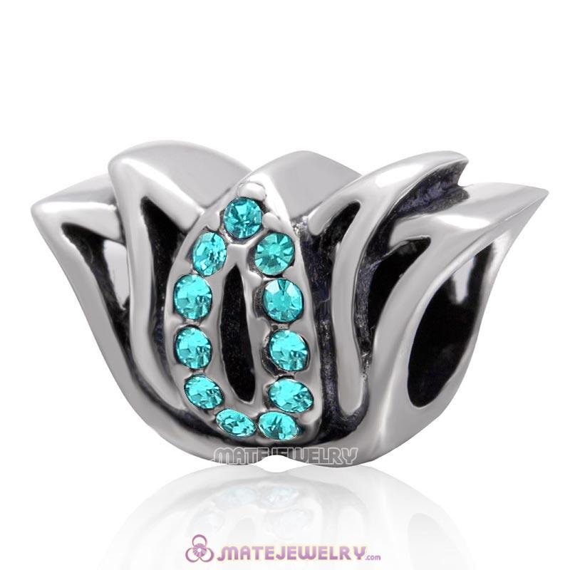 925 Sterling Silver Tulip Flower Bead with Blue Zircon Crystal Charm
