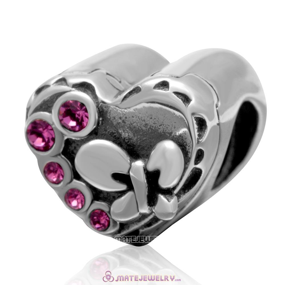 Butterfly Charm 925 Sterling Silver with Rose Crystal Love Heart Bead