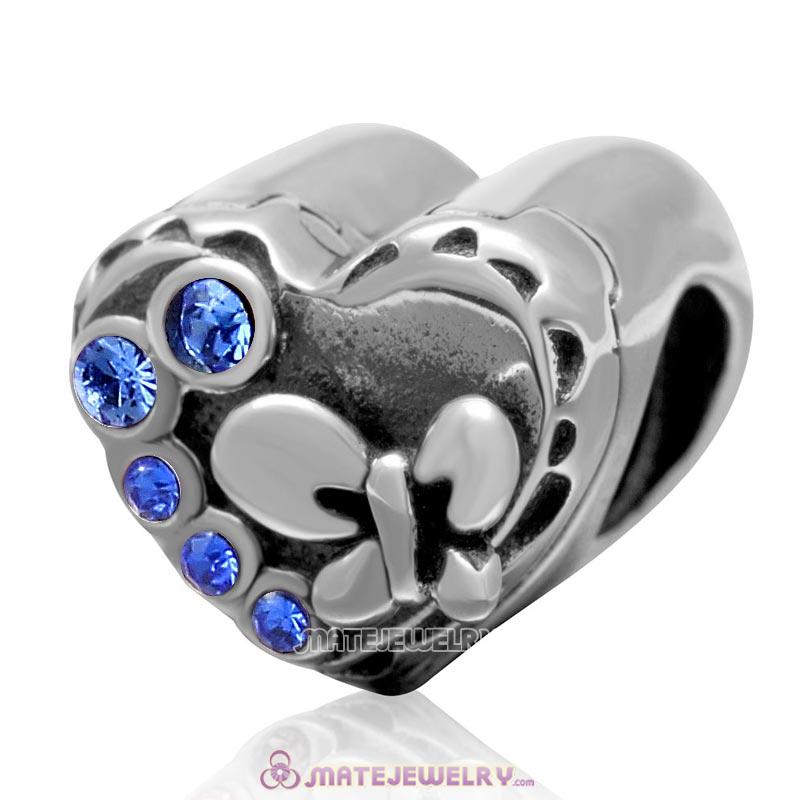 Butterfly Charm 925 Sterling Silver with Sapphire Crystal Love Heart Bead